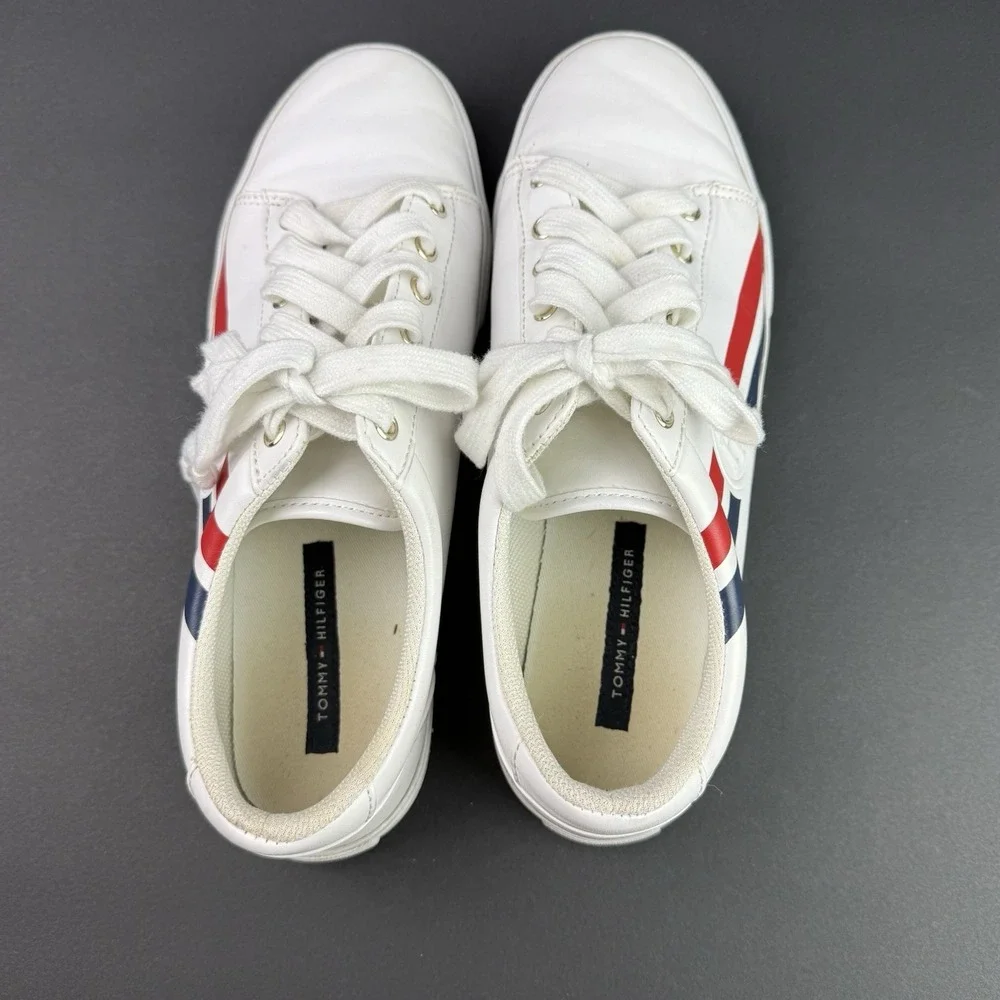 Tommy Hilfiger Lindee Logo Sneakers White Red Blue‎ Logo Stripe Women's Size 9.5